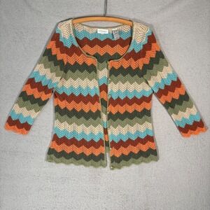 Villager by Liz Claiborne Crochet Knit Cardigan Women XL Sweater Zig Zag Pattern